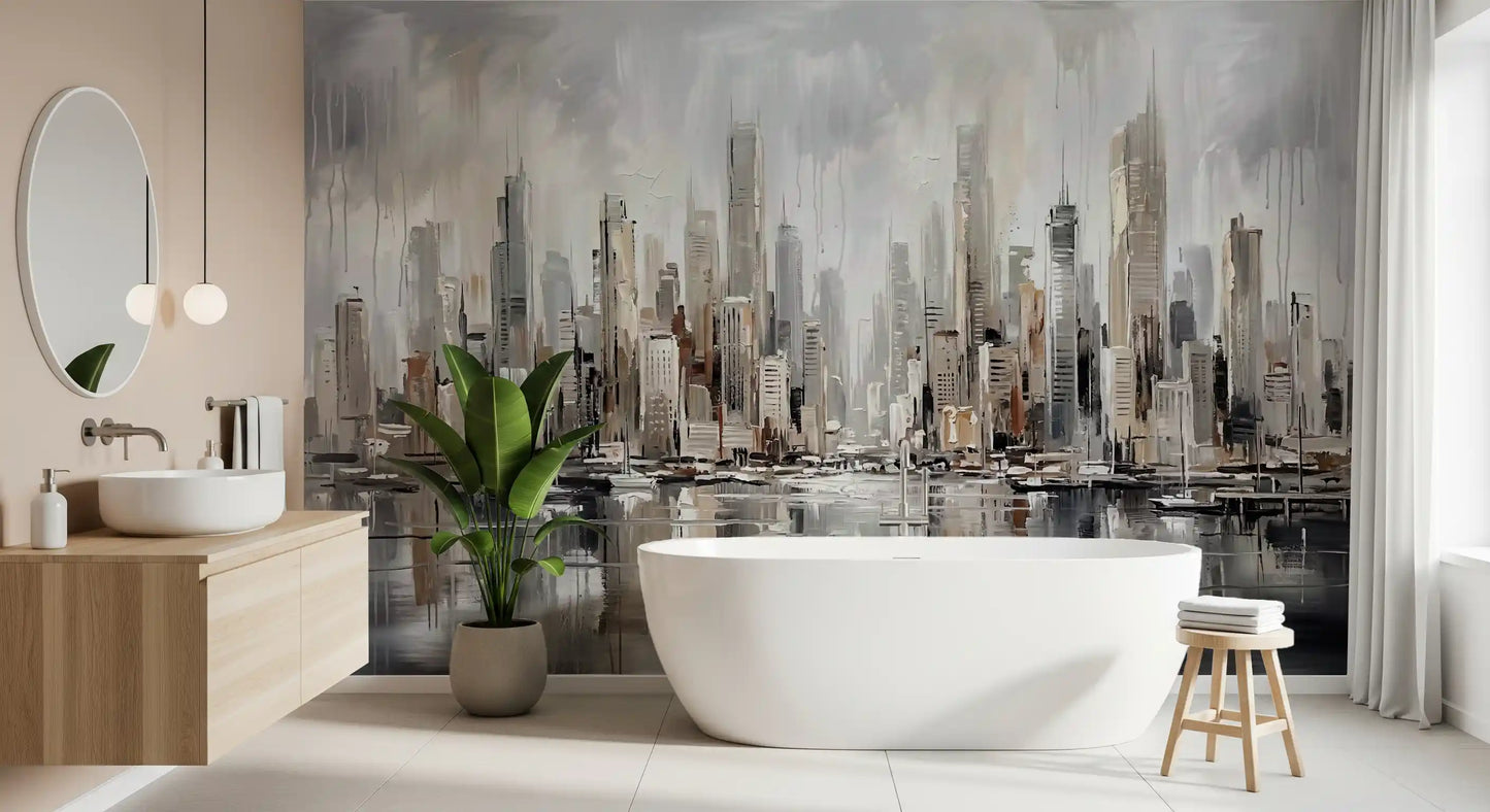 Bathroom with cityscape wall mural and mirrored waterfront
