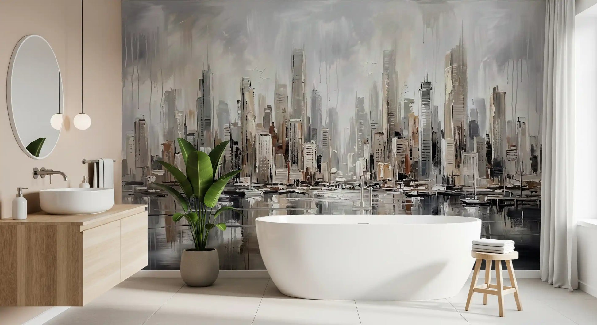 Bathroom with cityscape wall mural and mirrored waterfront