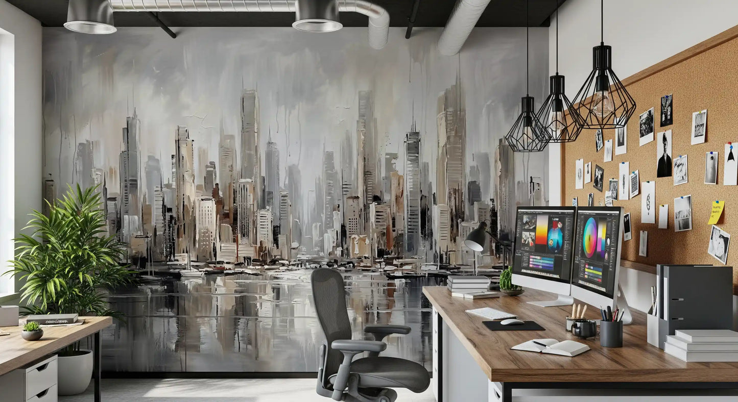 Home office with reflective city wall mural and modern towers