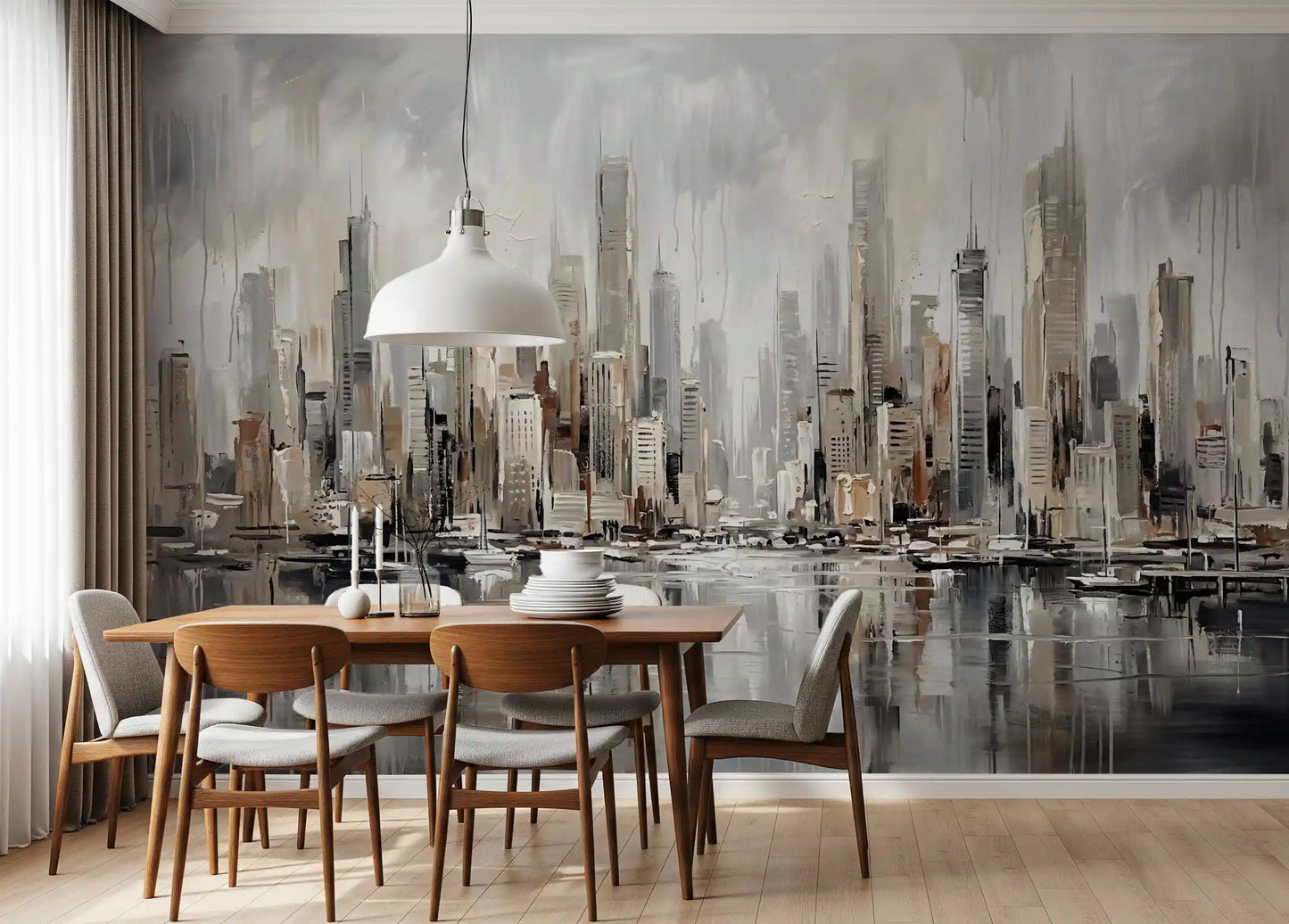 Dining room with cityscape reflection wall mural and waterfront skyline