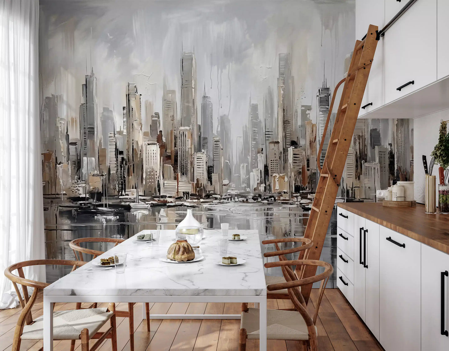 Dining area with skyline reflection wall mural and soft greys
