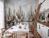 Dining area with skyline reflection wall mural and soft greys