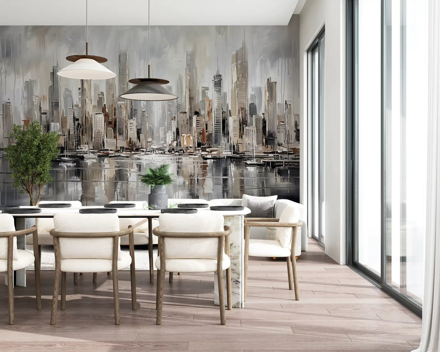 Dining room styled with urban skyline wall mural and mirrored harbour