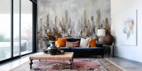 Entryway with skyline wall mural and calm water reflections