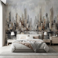 Bedroom with city reflection art wall mural and marina detail