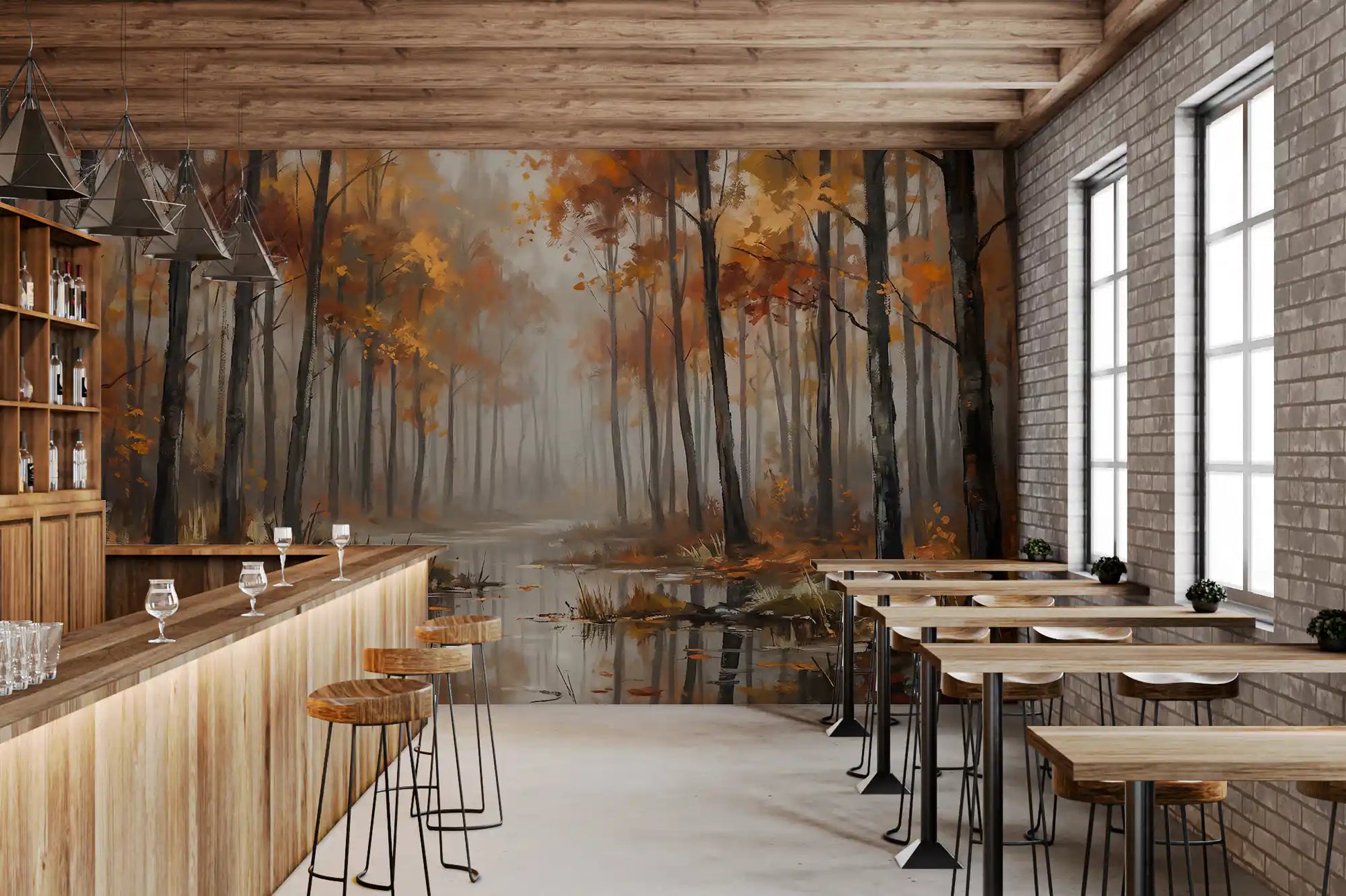 Restaurants with misty forest wall mural and amber foliage detail