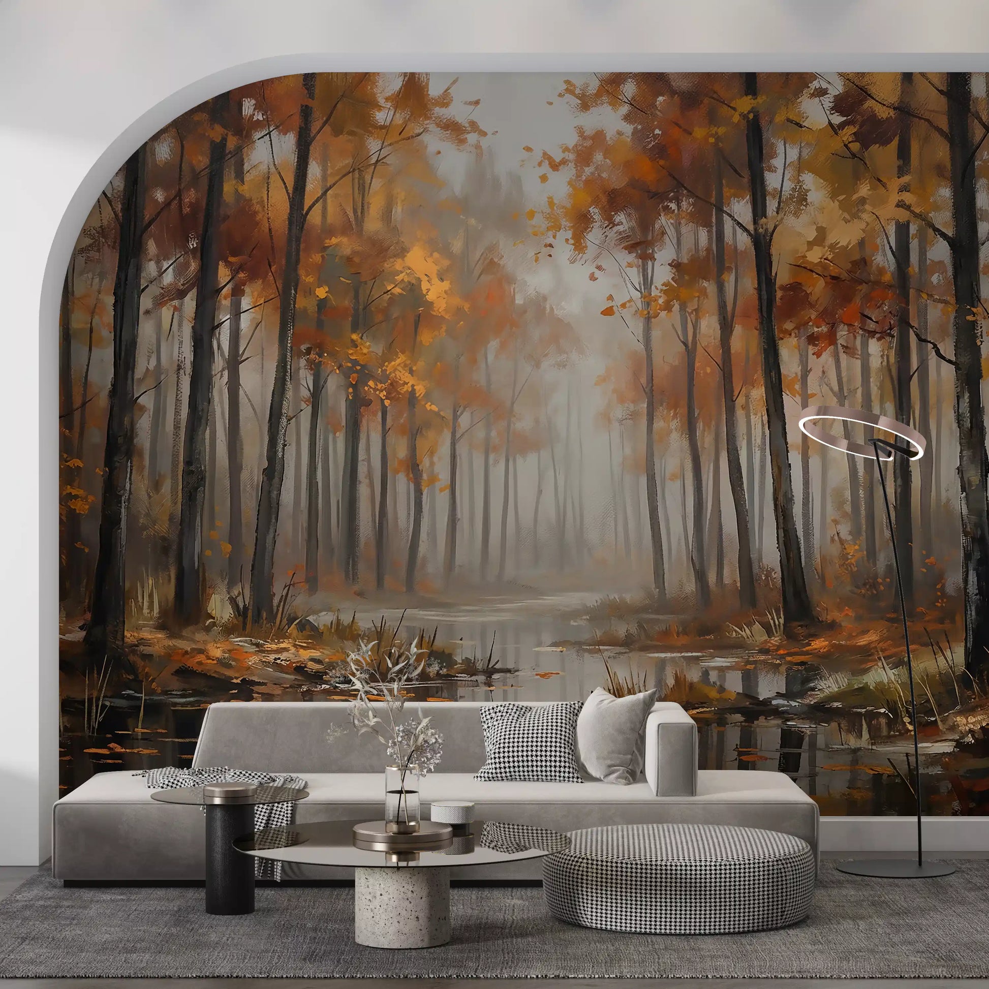 Living room area with woodland wall mural and painterly misty trees