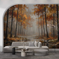 Living room area with woodland wall mural and painterly misty trees
