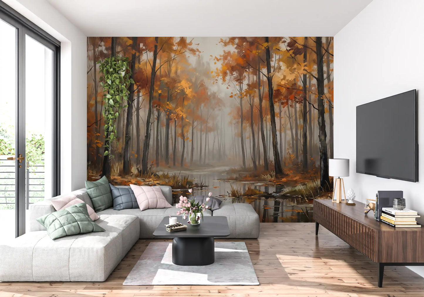 Living room with misty autumn wall mural and woodland reflection scene
