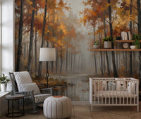 Nursery with misty autumn reflections wall mural and warm tree tones