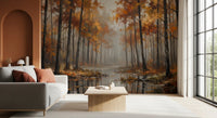 Hallway featuring autumn forest wall mural and calm mirrored pond
