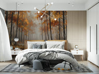 Bedroom with autumn reflections wall mural and quiet pond view