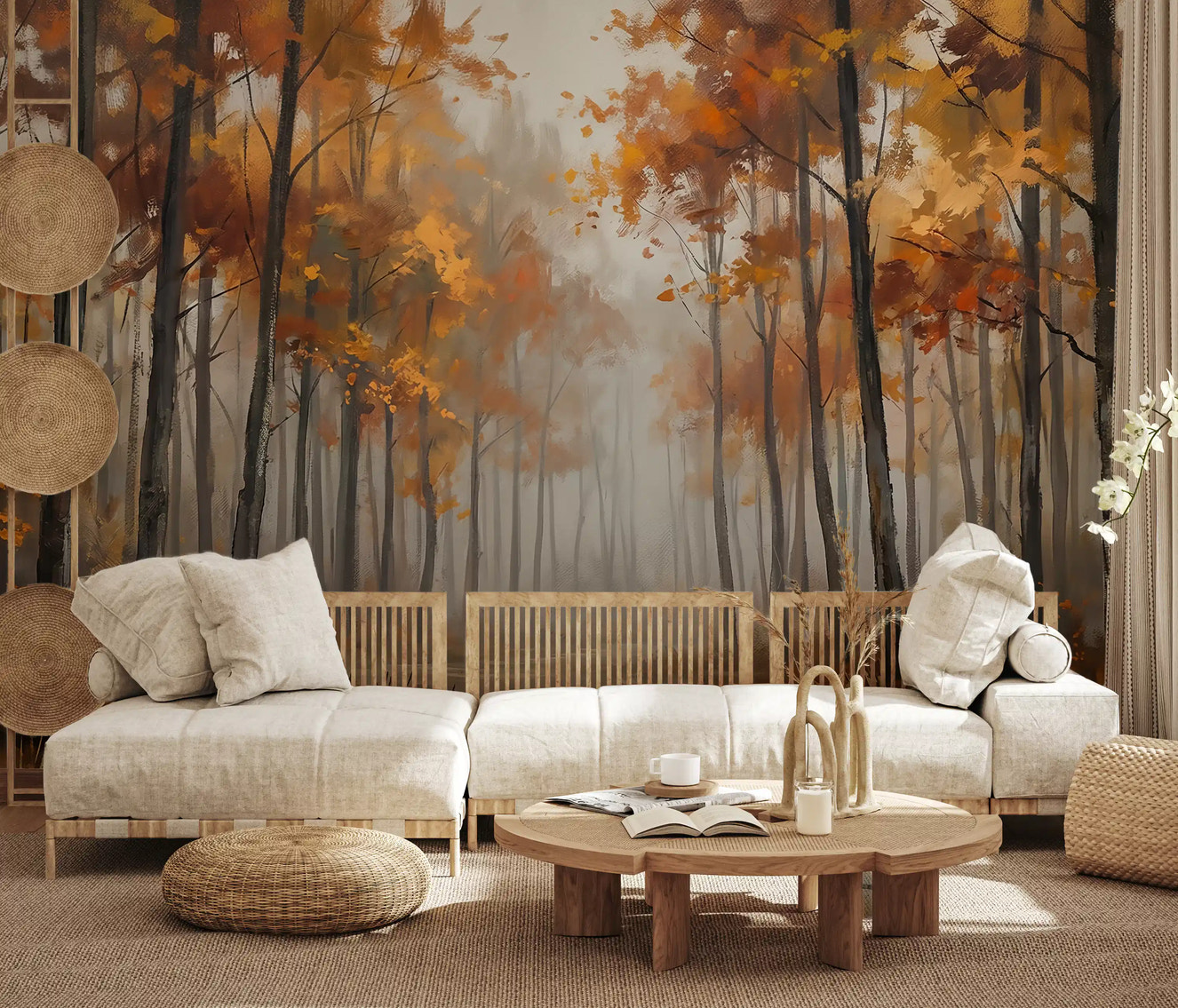 Living room with autumn mural and reflective forest water scene