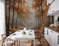 Kitchen and Dining room with misty woodland wall mural and reflective water view