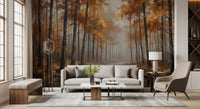 Entryway with woodland wall mural and fog-softened autumn scenery