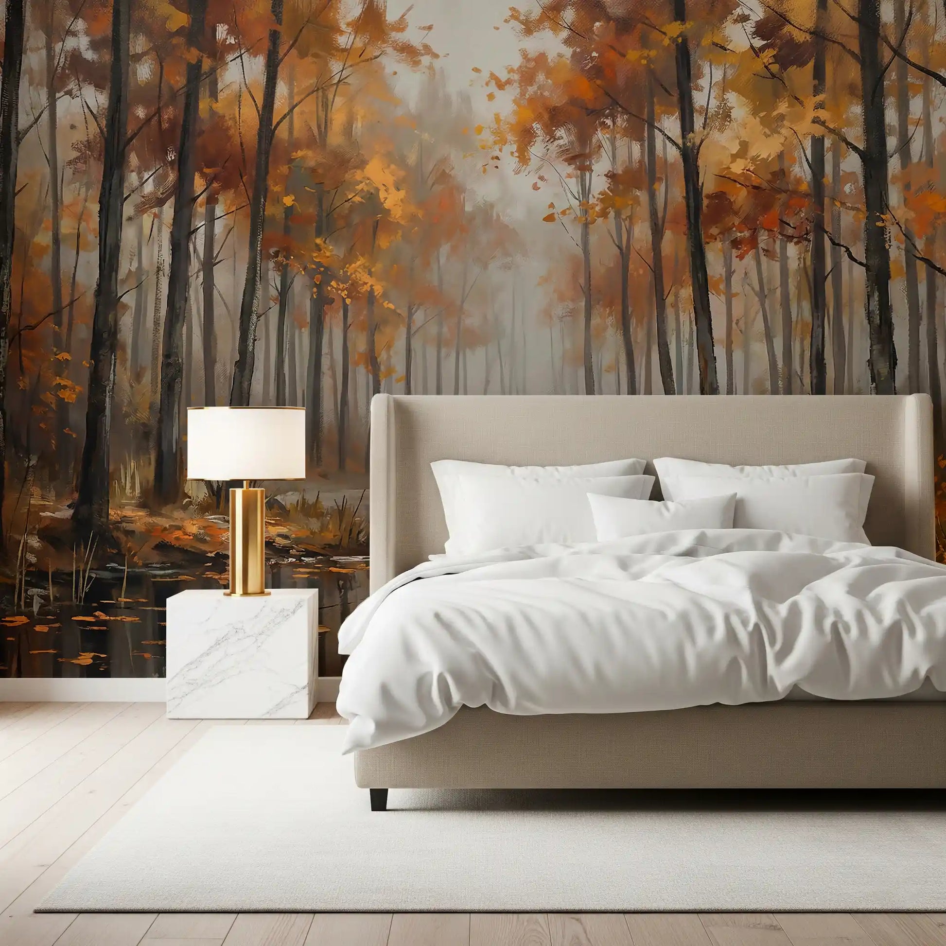 Bedroom styled with autumn reflections wall mural and soft forest mist