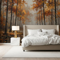 Bedroom styled with autumn reflections wall mural and soft forest mist