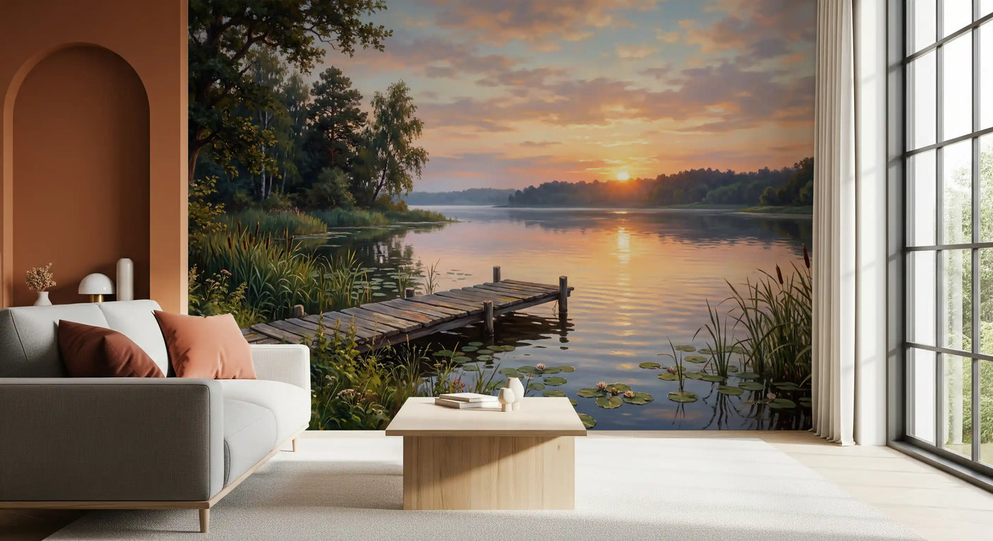 Lounge with peaceful lake wall mural and lily-covered shoreline