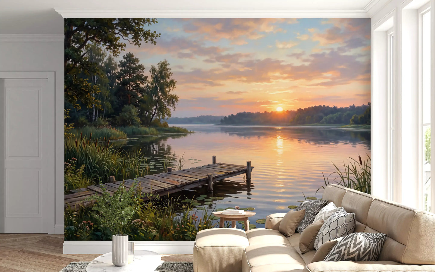 Home office with sunset lake wall mural and wooden dock scene