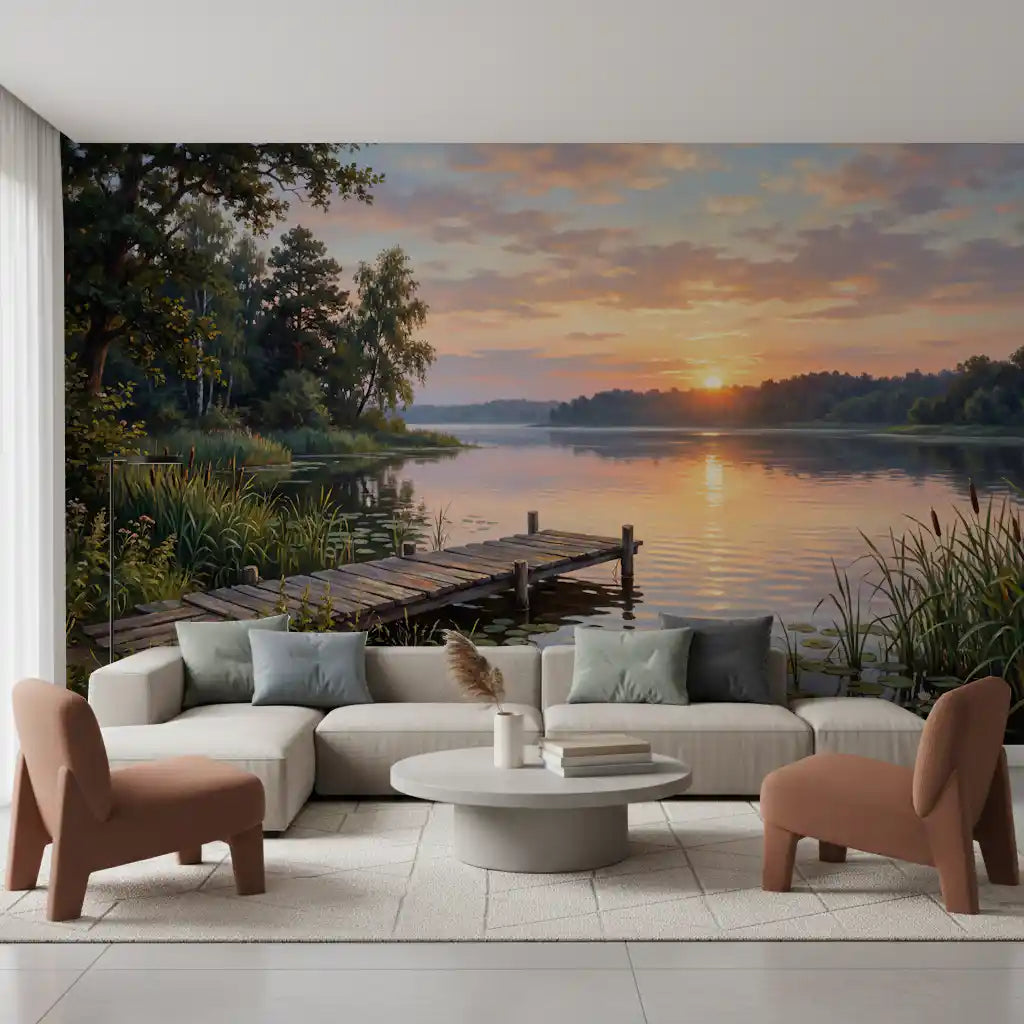 Entryway with tranquil water wall mural and glowing lake sunset view