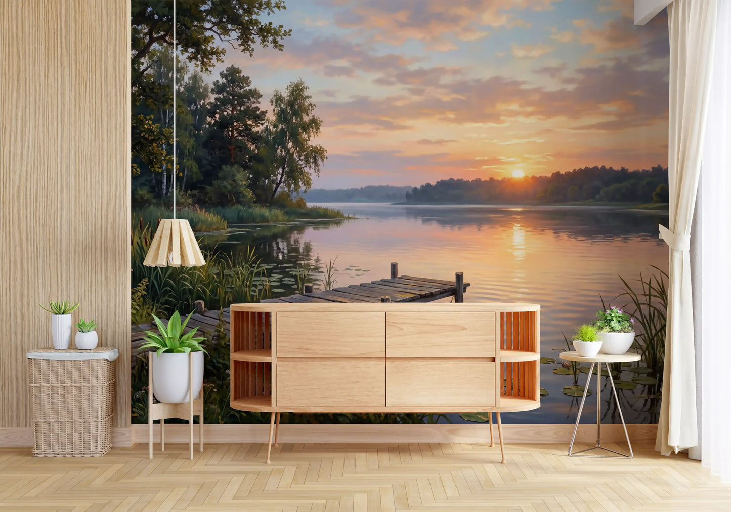 Hallway with lakefront wall mural and reeds by still water