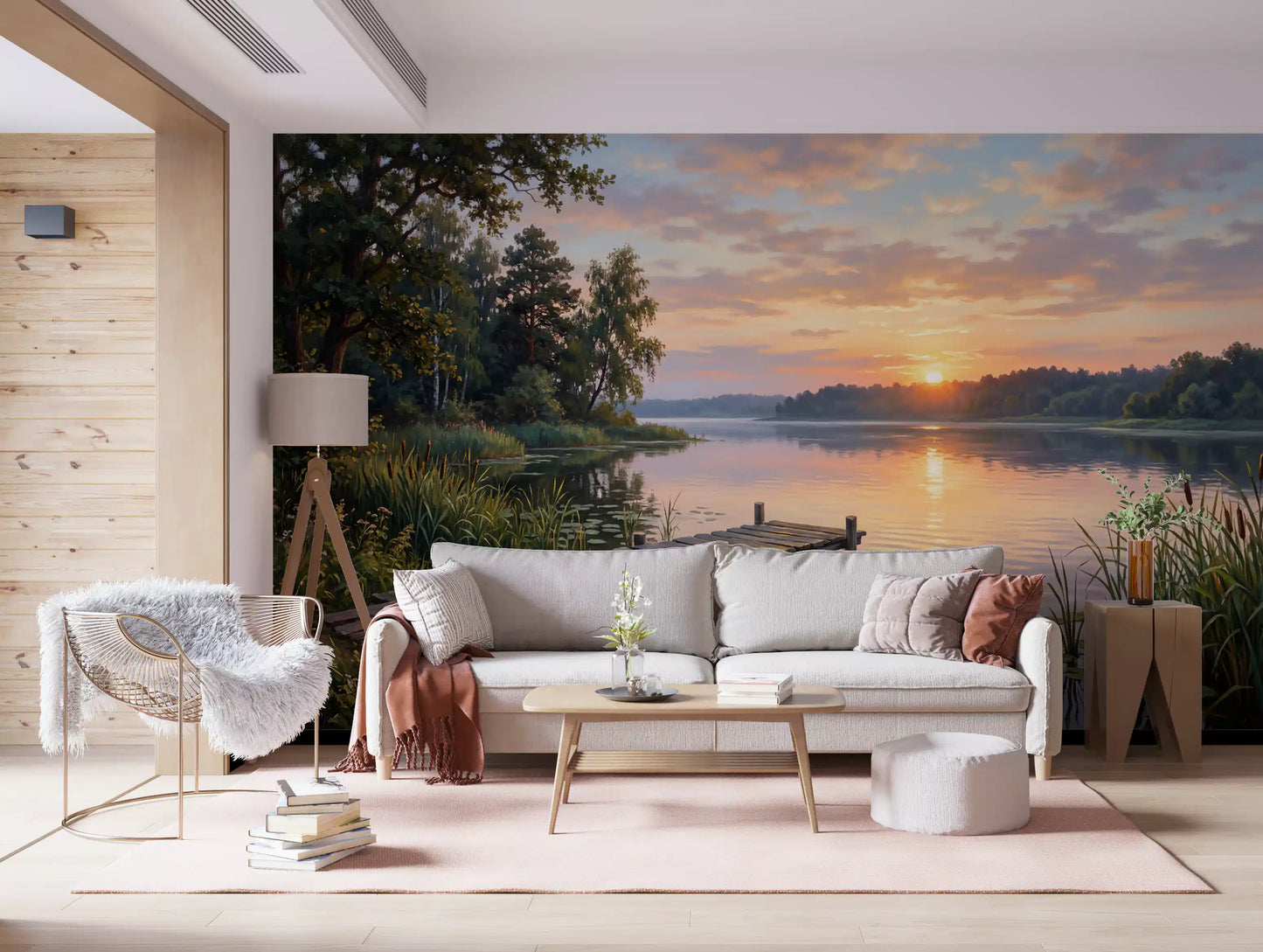 Living room styled with lake serenity wall mural and calm water reflection