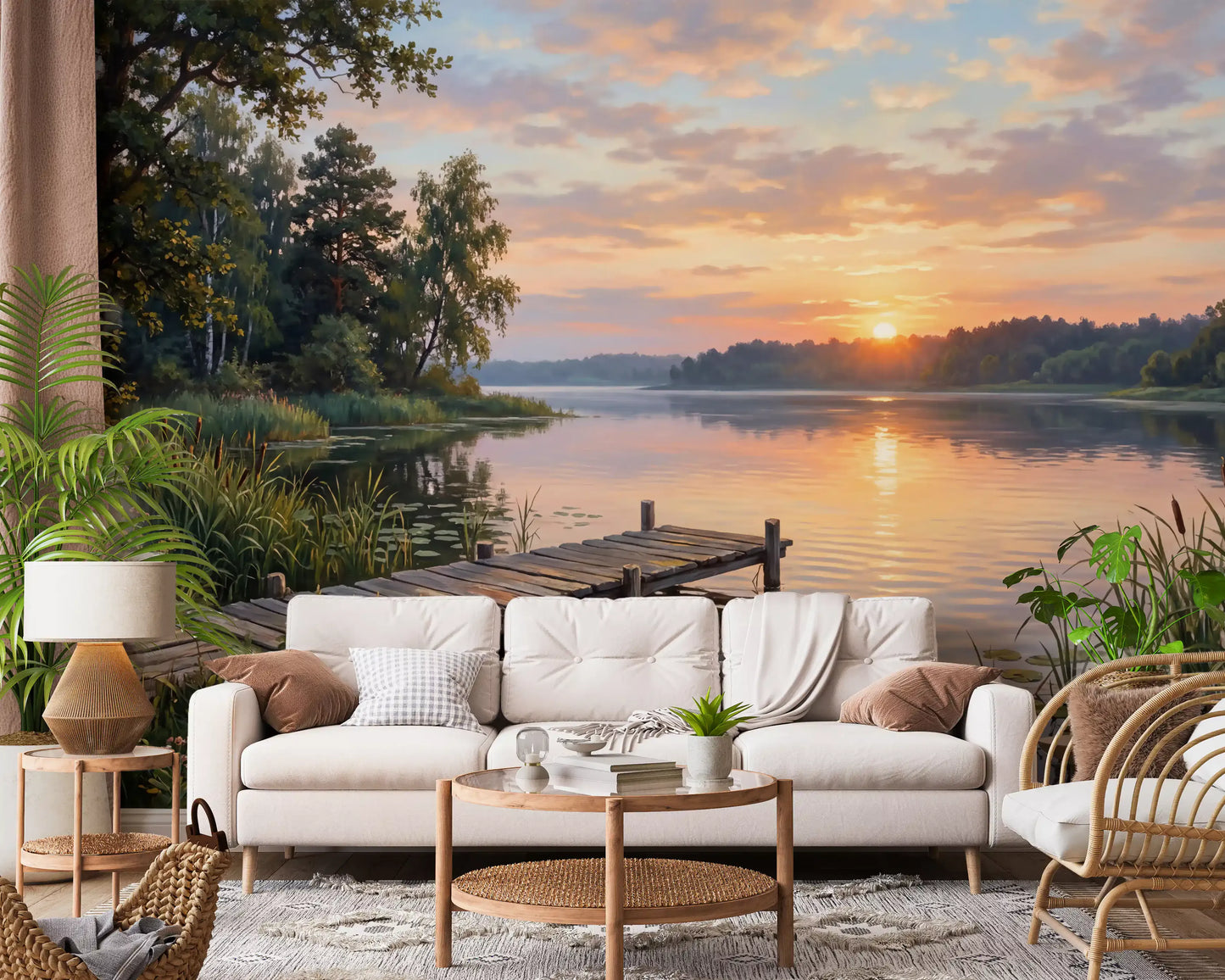Living room with scenic lake wall mural and warm sky tones
