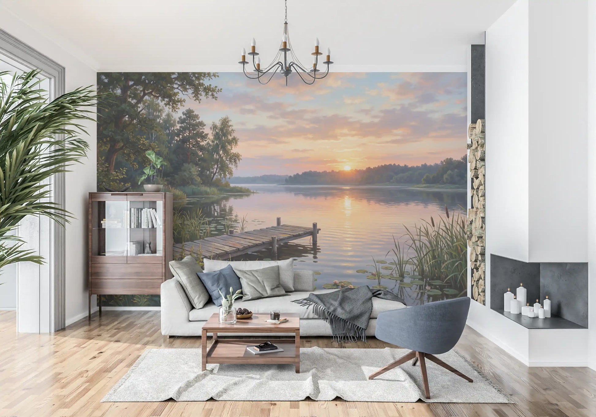Entryway with sunset reflection Lake wall mural and quiet dock setting