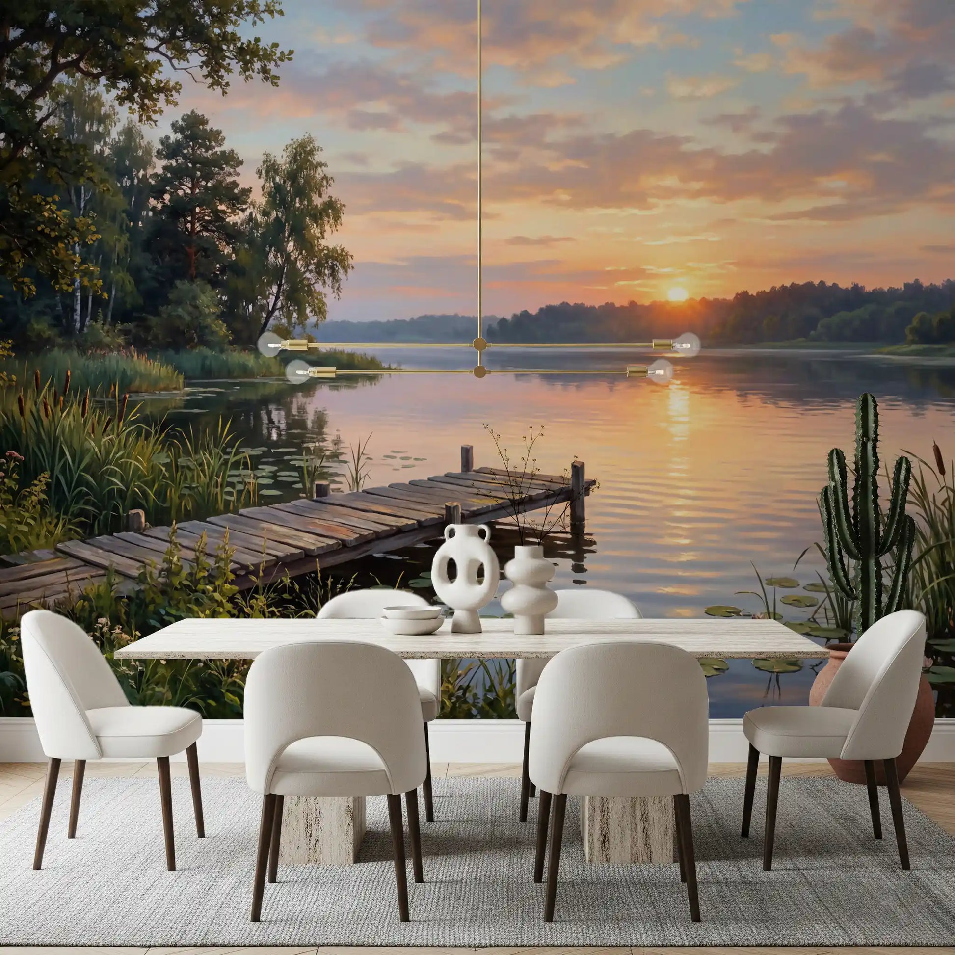 Dining area with nature wall mural and golden lake horizon