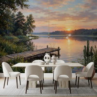 Dining area with nature wall mural and golden lake horizon