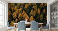 Dining area wall mural with layered trees and autumn warm fall colors