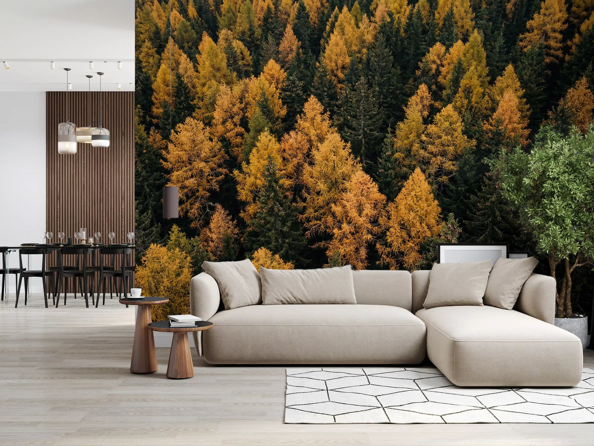 Hallway wall mural with aerial woodland view and fall foliage detail