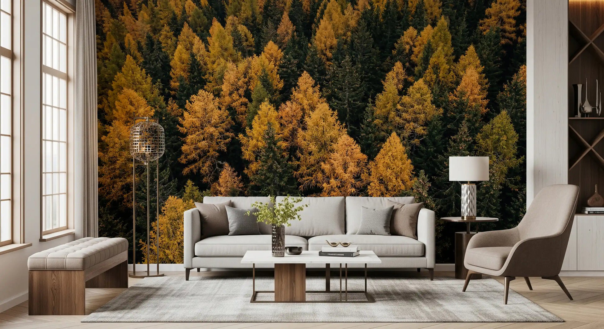 Reception waiting area wall mural with autumn forest canopy and natural texture