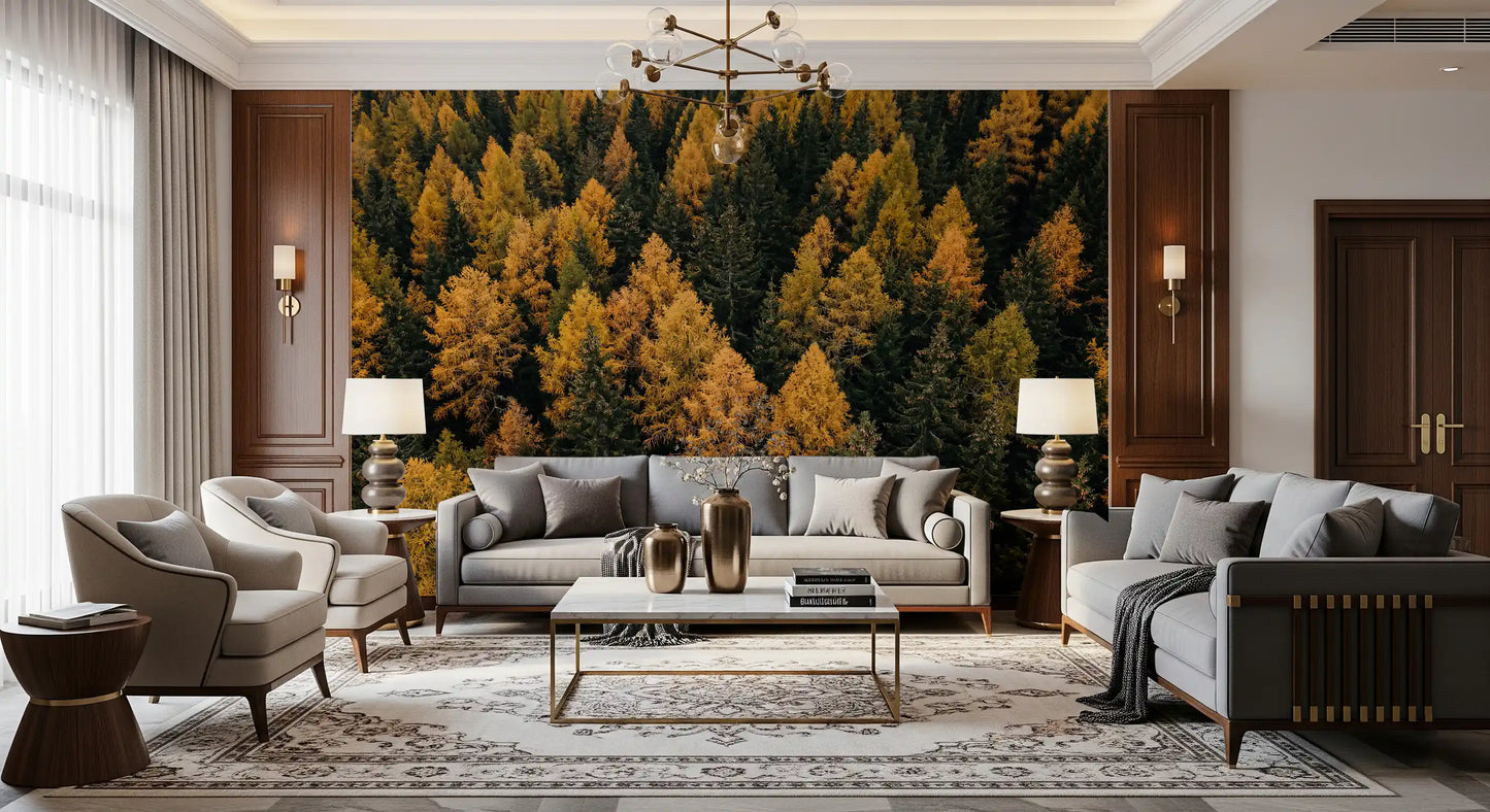 Living room wall mural with golden leaves and Woods Symphony tree contrast
