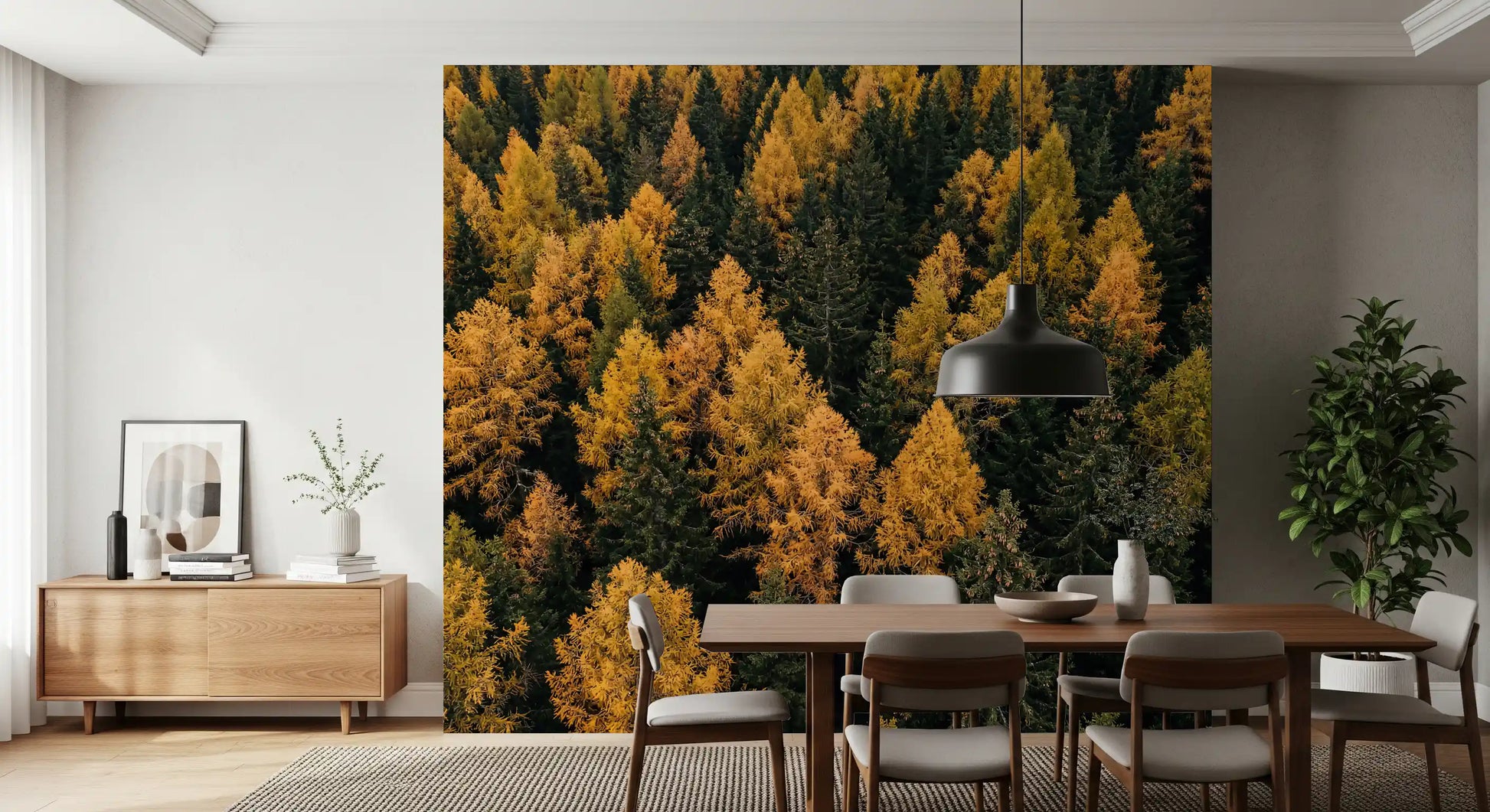 Dining room wall mural with golden autumn forest canopy and seasonal tones