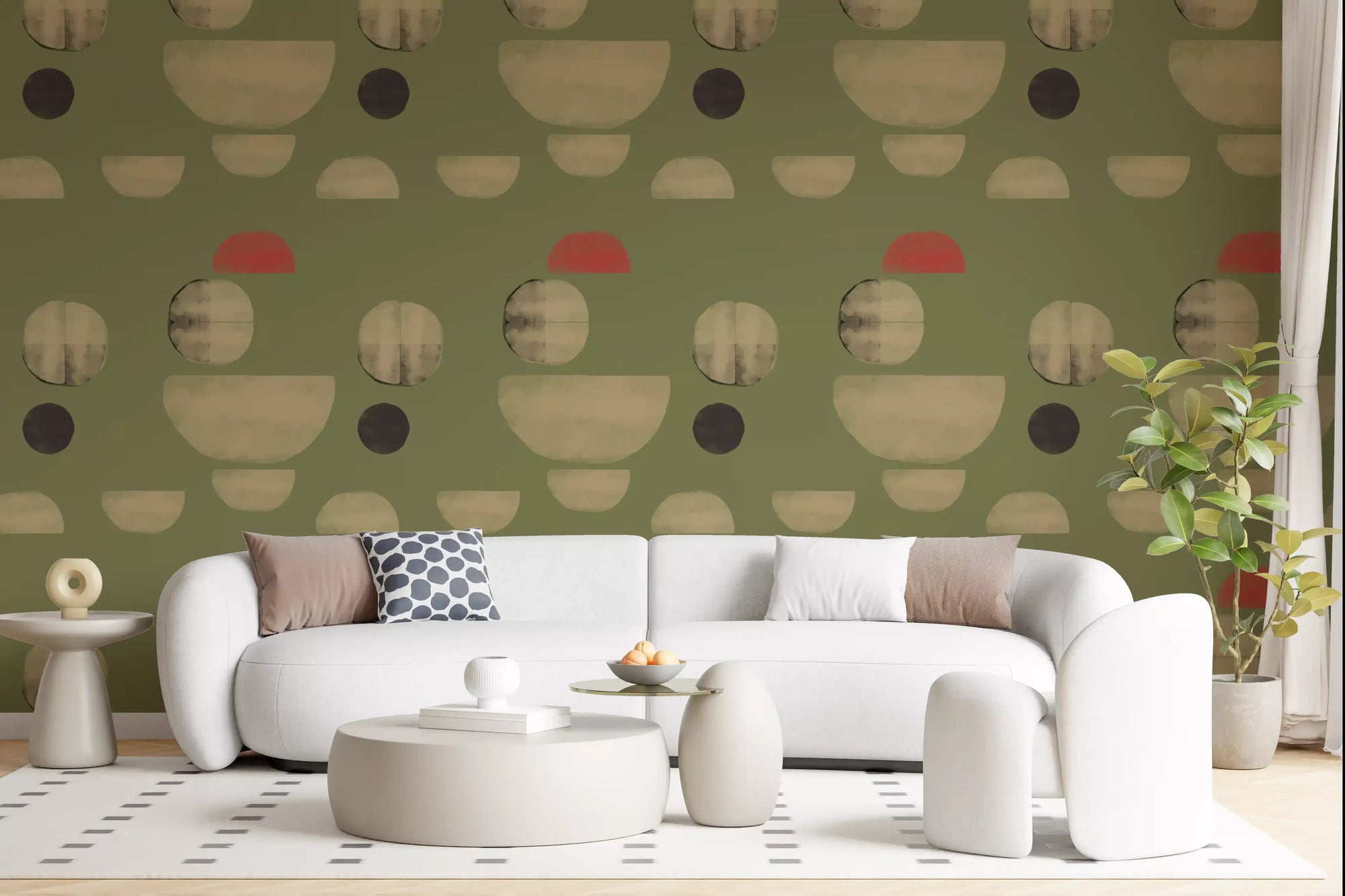 Living room wallpaper with olive abstract shapes and earthy tone composition