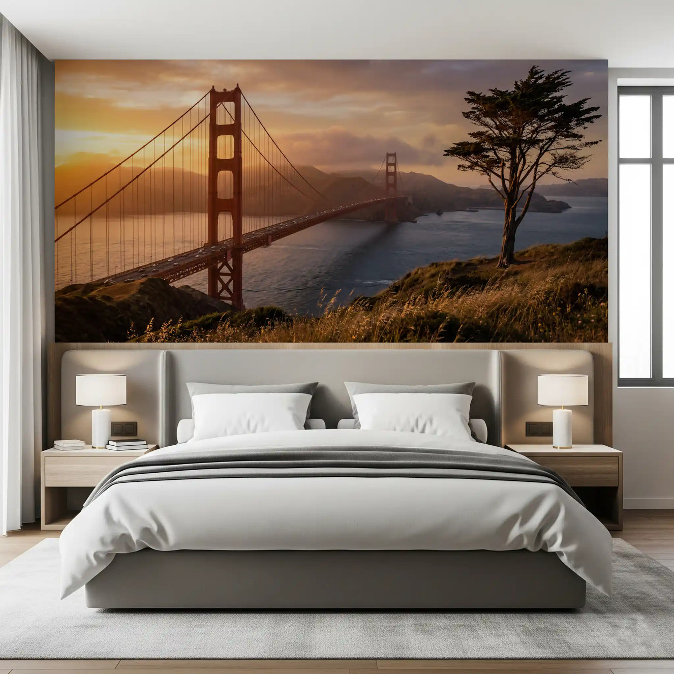 Deep Golden sky and bridge glow wall mural complementing a calm Guest room setting
