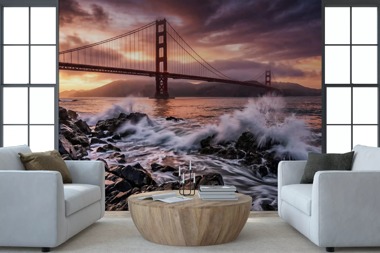 Living room wall mural with Golden Gate waves and dramatic sunset skyline