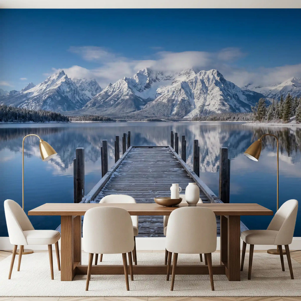 Dining room wall mural with winter peaks and clear lake reflection