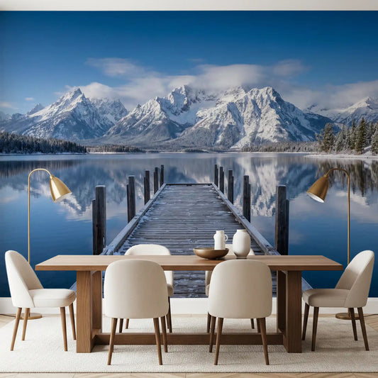 Dining room wall mural with winter peaks and clear lake reflection
