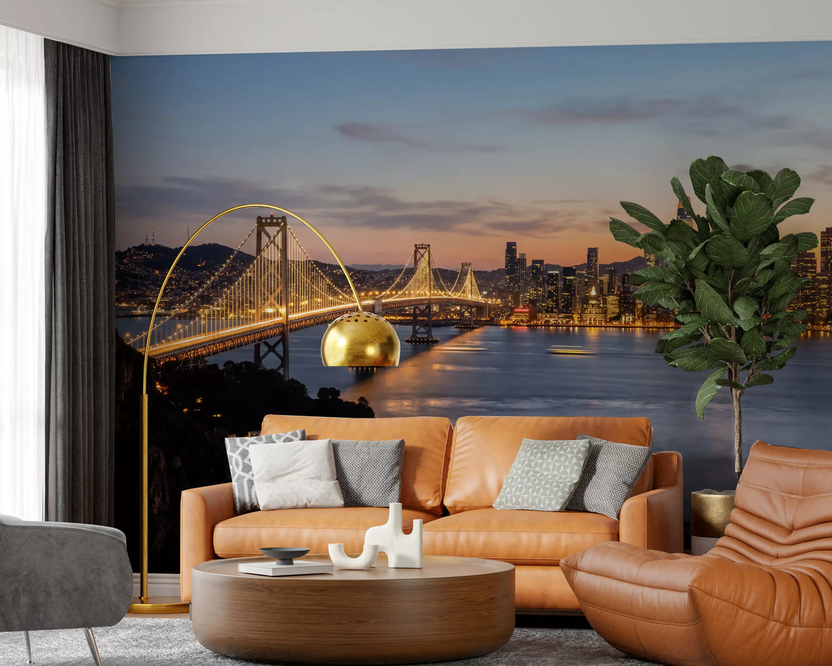 Living room wall mural with Bay Bridge evening skyline
