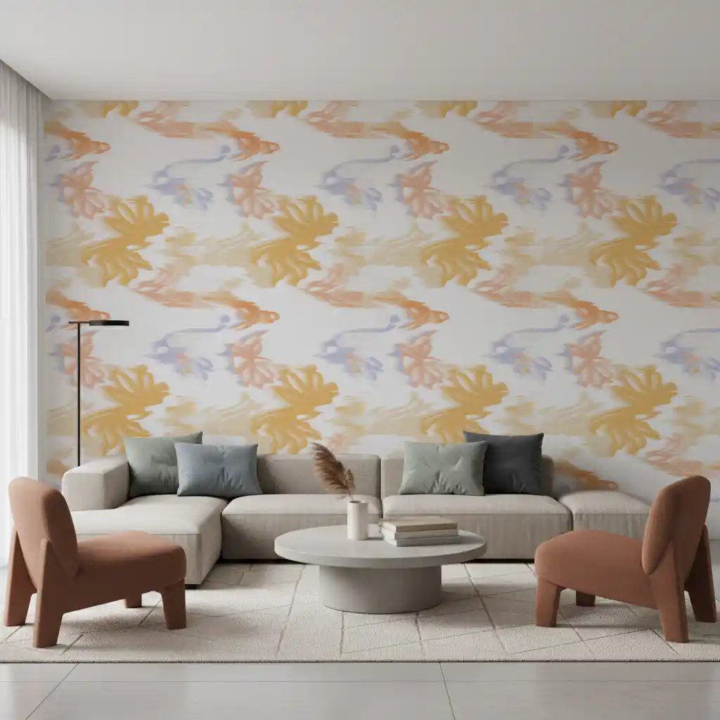 Living room styled with Lavado de Pastel Fluido wallpaper in soft pastel flow