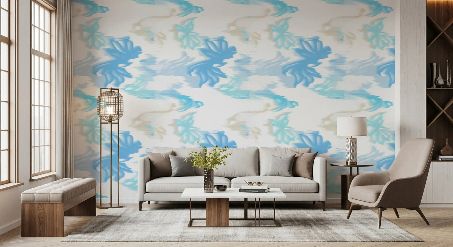 Hallway interior using Fluid Serenity wallpaper in light blue abstract tones