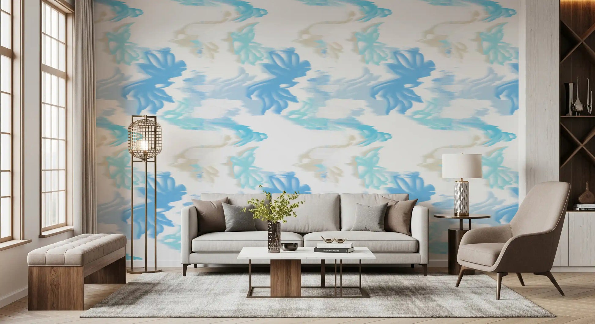Hallway interior using Fluid Serenity wallpaper in light blue abstract tones