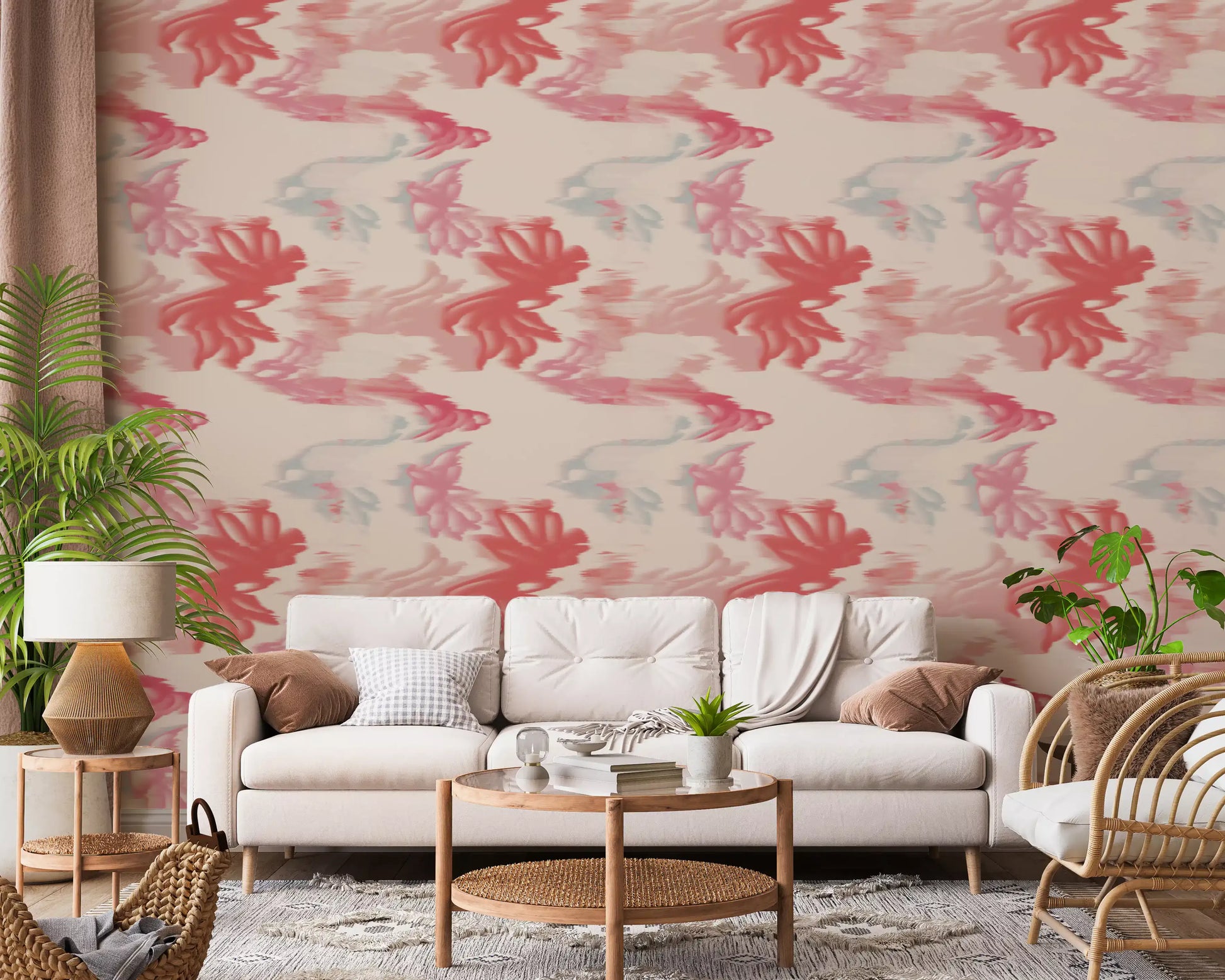 Living room styled with Soft Blush Flow wallpaper in pink abstract waves