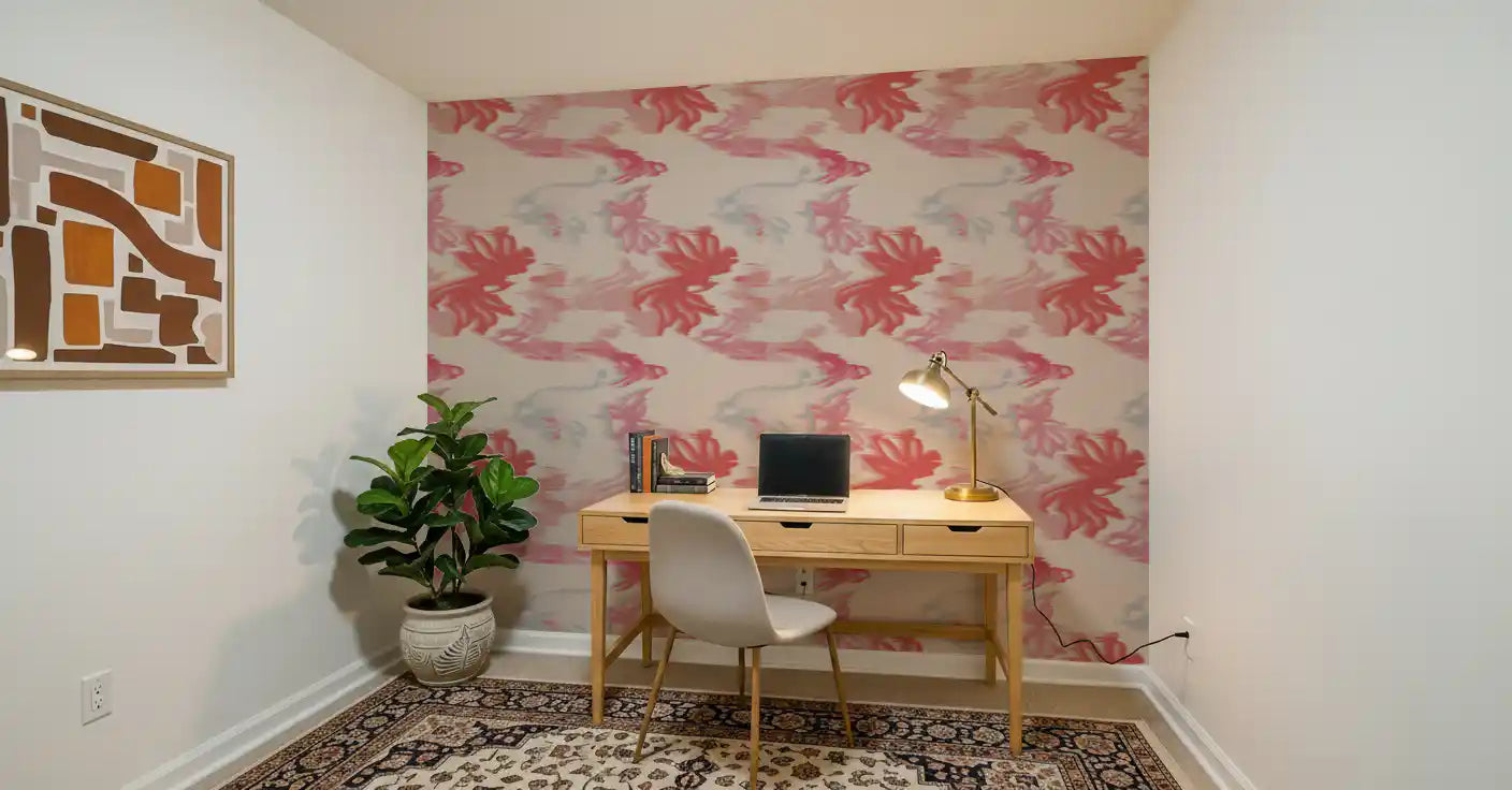 Office wall featuring Soft Blush Flow wallpaper with smooth abstract texture
