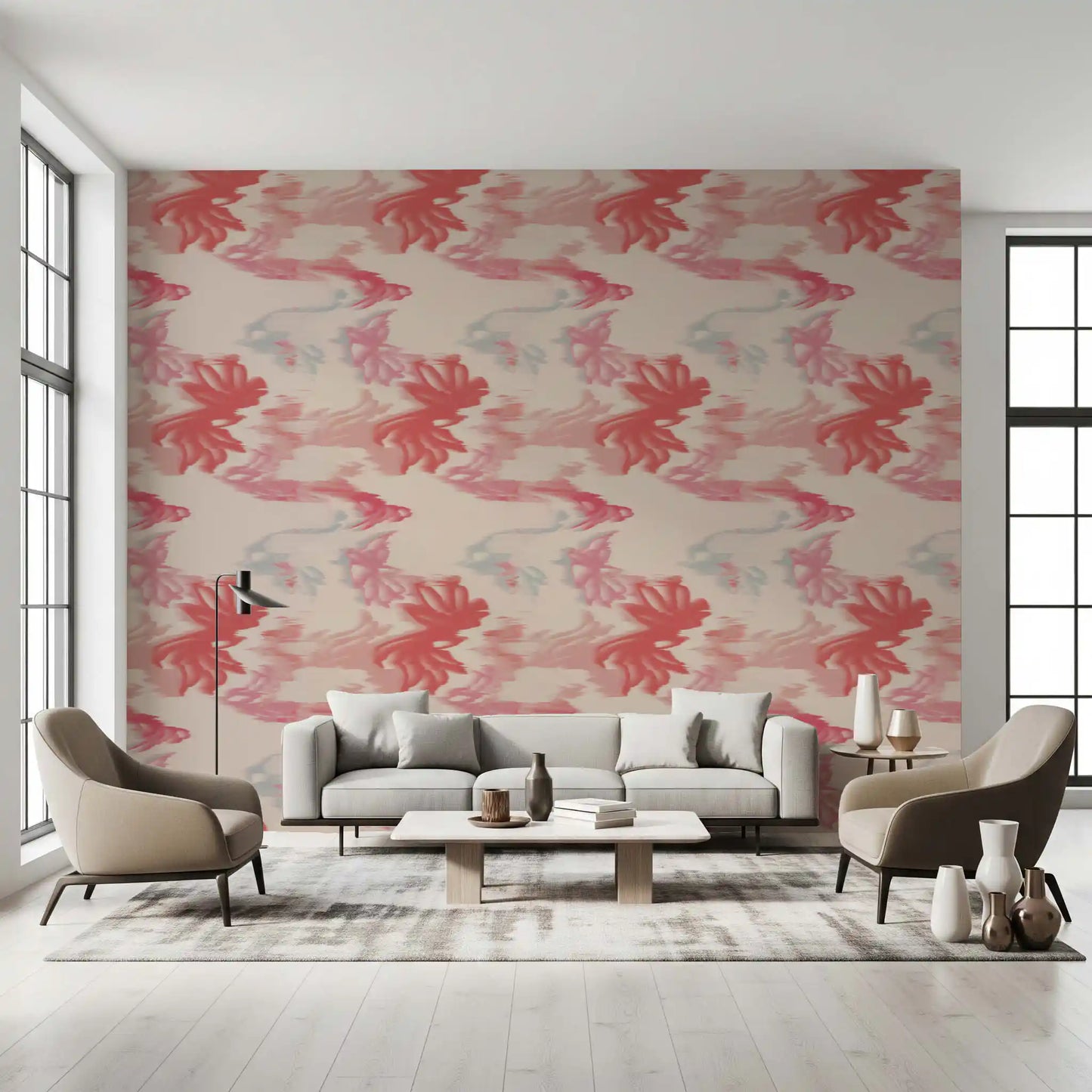 Hallway interior using Soft Blush Flow wallpaper in soft pink gradient tones