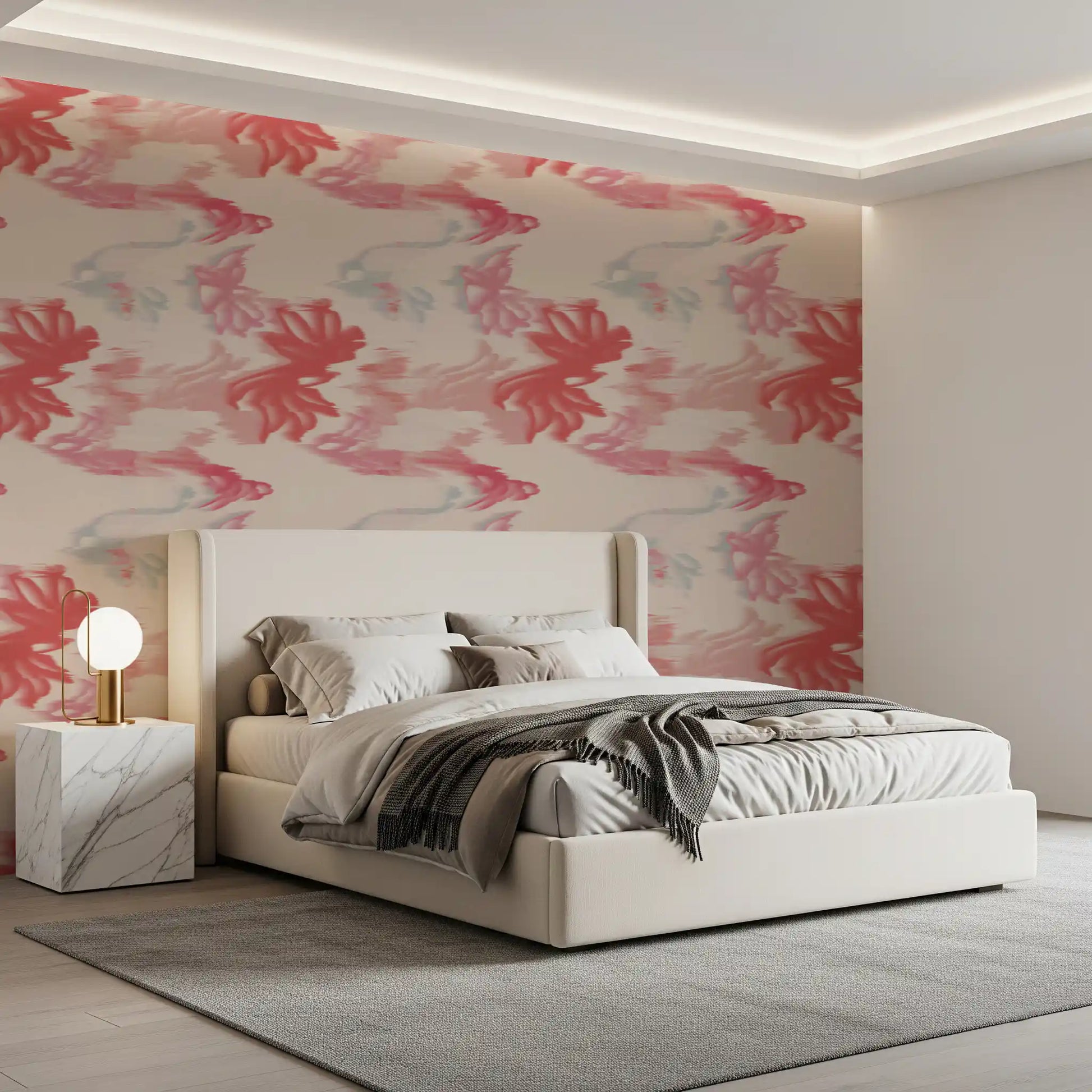 Bedroom wall finished in Soft Blush Flow wallpaper with fluid blush pattern