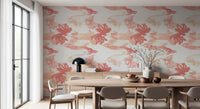 Dining wall featuring Coral Mist Flow wallpaper with fluid coral texture