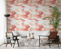 Hallway interior using Coral Mist Flow wallpaper in peach coral abstract tones